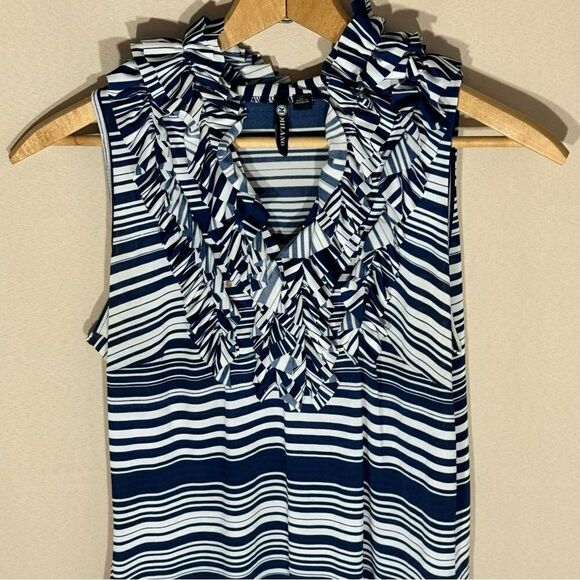 Milano Blue White Striped Sleeveless Frills Ruffled Neck Top Size M - Picture 5 of 12